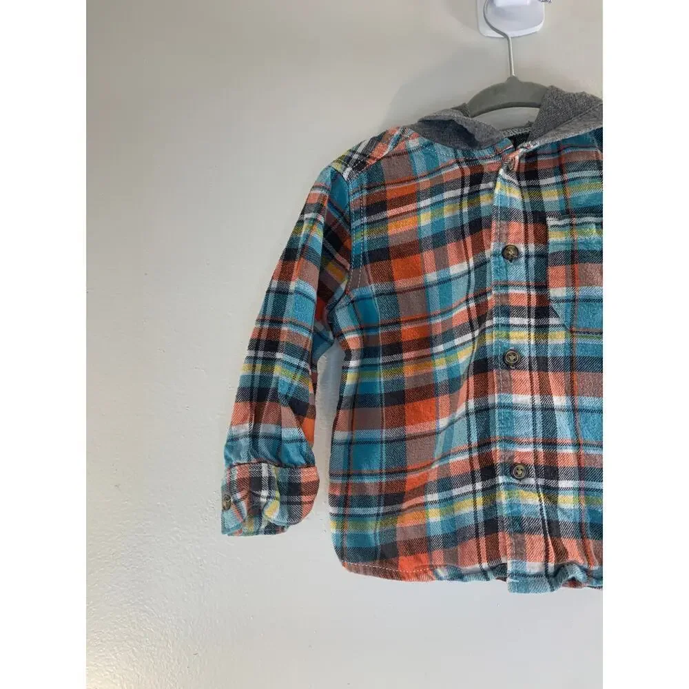 CARTER’S Boy’s Hooded Button Down Long Sleeve Flannel Shirt / Size: 12 Months